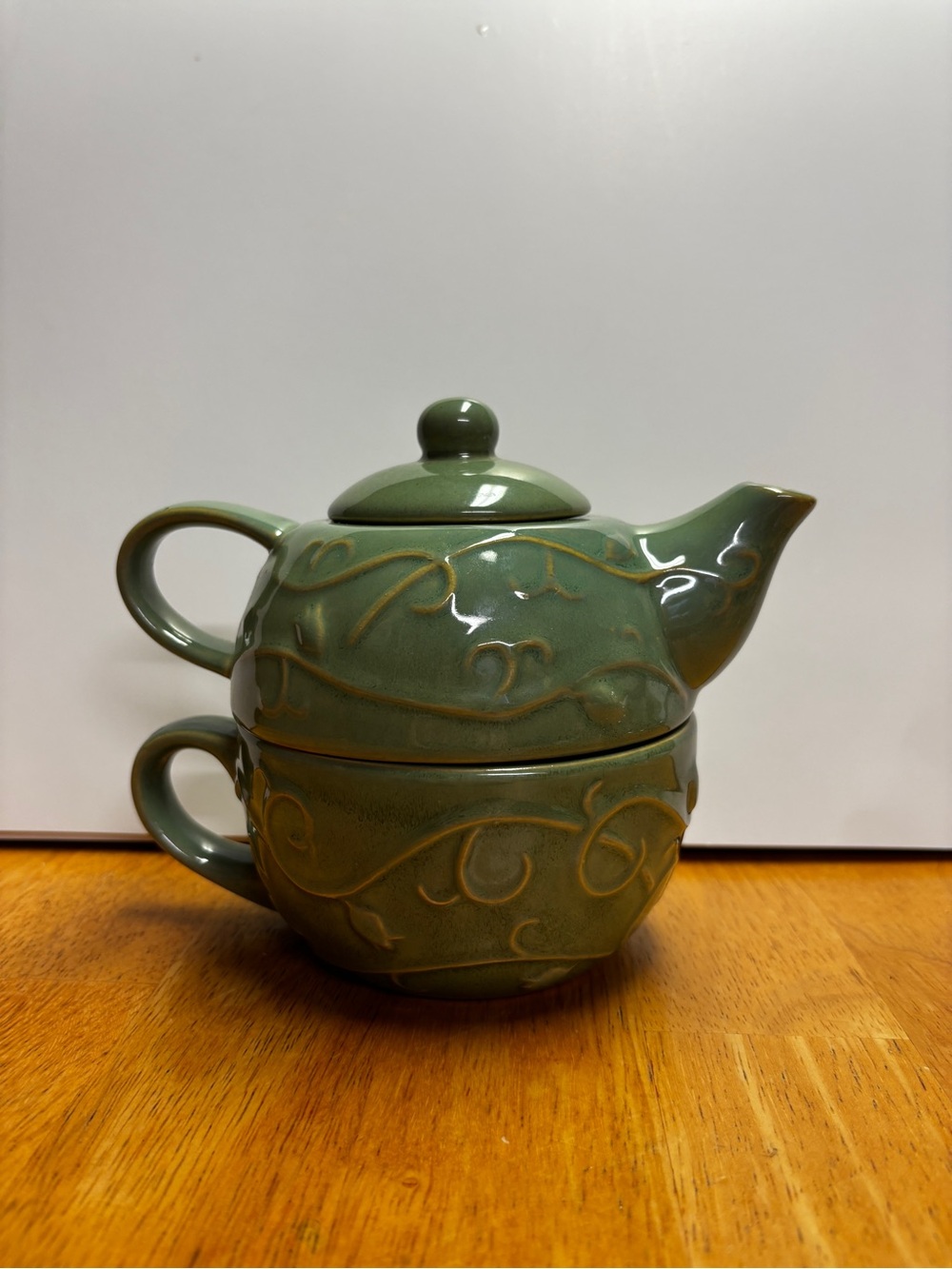 Pier 1 Olive Green Ceramic Teapot and Cup Set